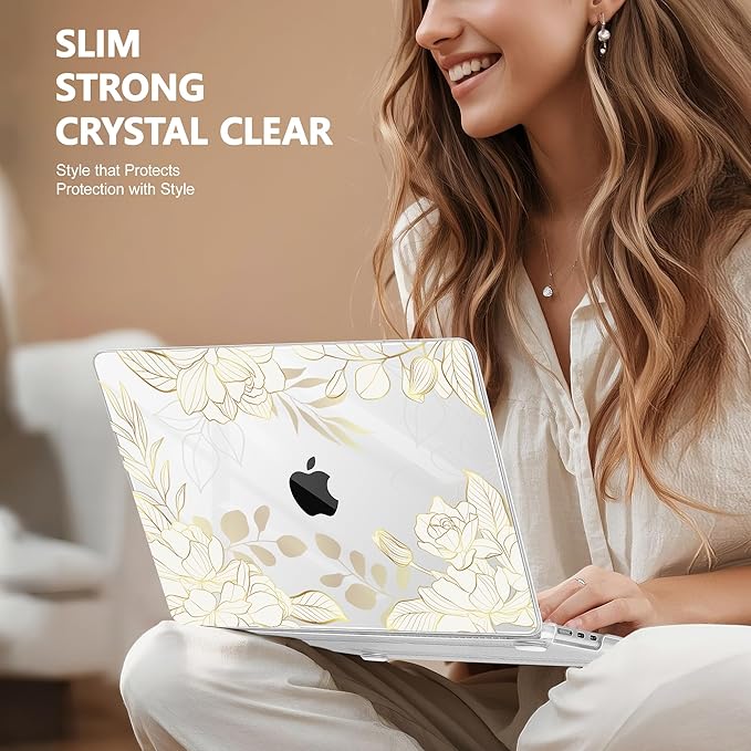 Case for MacBook Air 15 Inch 2025 2024 2023 Release M4 A3241 M3 A3114 M2 A2941, Hard Shell with Screen Protector & Keyboard Cover, Compatible with Touch ID - Gold Rose Flowers