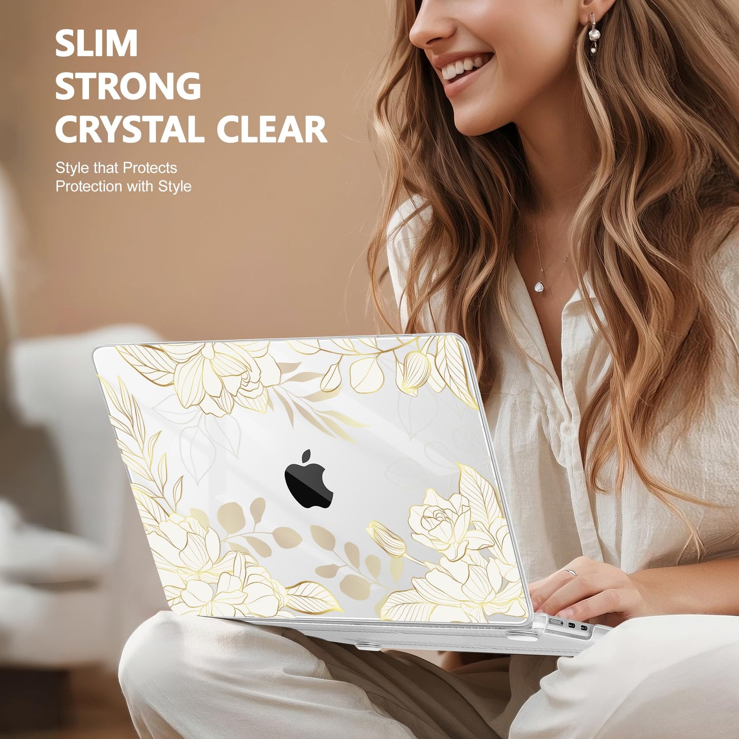 Lepeoac Case for 2026/2025/2024/2023 MacBook Air 15-inch Laptop Release M5 A3448 /M4 A3241 /M3 A3114 /M2 A2941, Stylish Protective Hard Shell Cover for MacBook Air 15.3 inch - Gold Rose Flowers