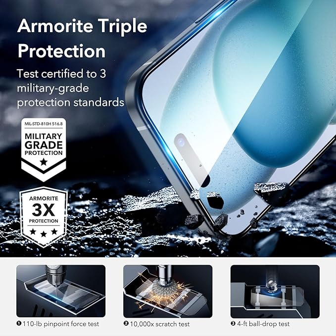 ESR 3+2 Pack for iPhone 15 Plus Screen Protector, [9H Hardness] [Military Grade Shatterproof] Full Coverage Ultra-tough Tempered Glass Film with Flawless Fit Tray, 2 Set of Camera Lens Protector