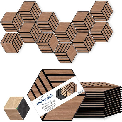 Mollywell Hexagon Acoustic Panels, Walnut TW4, 14x12x0.4 Inch, 12 Pack |Wood Veneer|High Density Sound Proofing Wall Panels|Self Adhesive Sound Dampening Felt Wall Tiles|Home Theater|Gaming Room|