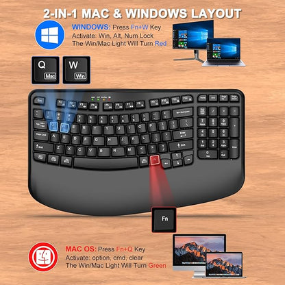 EDJO Ergonomic Wireless Keyboard with Wrist Rest, Wave Keys, Comfortable Natural Typing, 2.4GHz Ergo Wireless USB Computer Keyboard for Multi-OS, Windows, Mac OS, Laptop, PC (Black)
