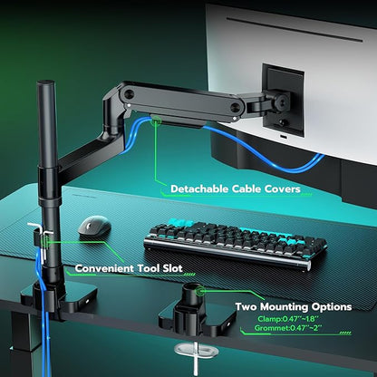 ARES WING Ultrawide Monitor Mount with USB A/C, with Extended Column for 17 to 49 inch Heavy Duty Monitor, Holds 44 lbs, Adjustable Gas Spring Desk Mount, Black