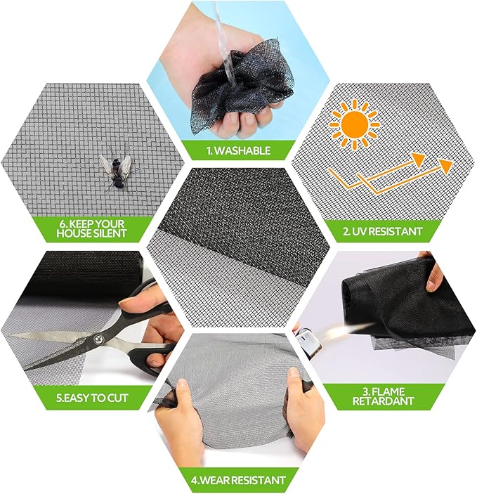 FLYZZZ Windows Screen Door Repair Kit Fiberglass Mesh 48''x197'' Black Window Screen Repair Kit Replacement Mesh Tool for Patio Screen Sliding Door Screen (Black, 48X197'')