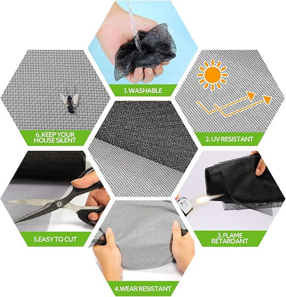 FLYZZZ Windows Screen Door Repair Kit Fiberglass Mesh 48''x118''(0.161"Spline) Black Window Screen Repair Kit Replacement Mesh Tool for Patio Screen Sliding Door Screen