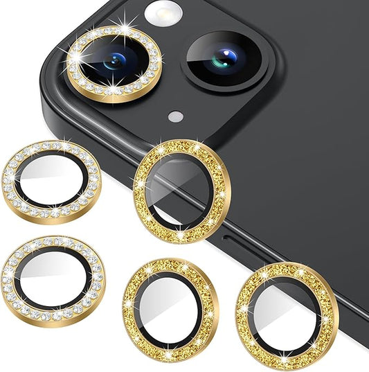 AGVEE 3+3 6 Pack for iPhone 15 6.1" / 15 Plus 6.7" Camera Lens Protector, Bling Diamond & Bling Glitter Metal Ring 9H Tempered HD Glass Camera Cover Film, Bling-Gold