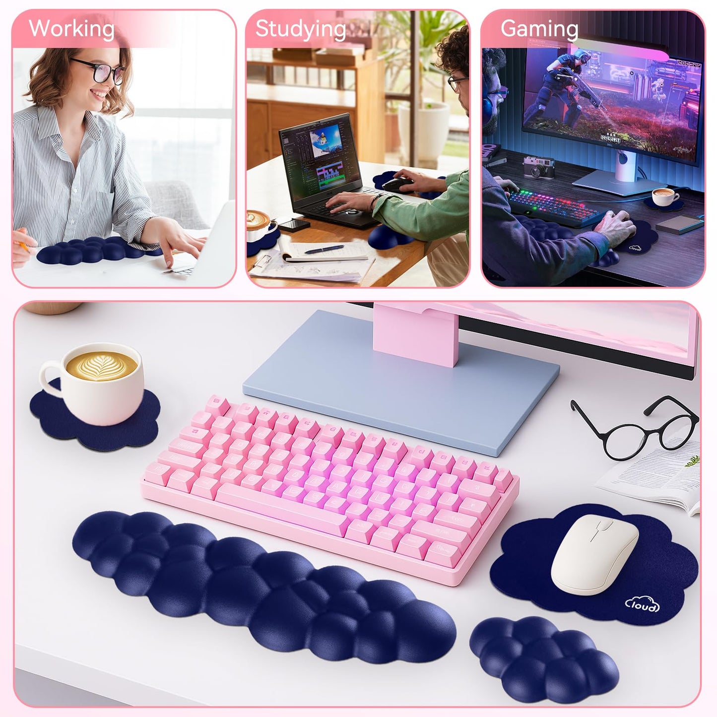 Sushret Cloud Wrist Rest for Computer Keyboard and Mouse Pad Set, Dark Blue