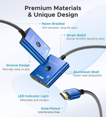 4K@60Hz HDMI Splitter Switch 2 in 1 Out, WARRKY [3.3ft Fixed Braided HDMI Cable, Aluminum Case, HDCP 2.2] Bidirectional 2x1 Switcher UHD Compatible for PS5/4, Nintendo Switch, Roku, FireStick – Blue