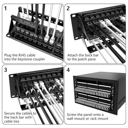 Jadaol 48 Port Patch Panel Rackmount or Wall Mount 19-Inch, 2U Cat6 Network Panel Preloaded with 48 Keystone Couplers plus 2 Spare, 10Gbps Ethernet Patch Panel with Cable Management & Back Support Bar