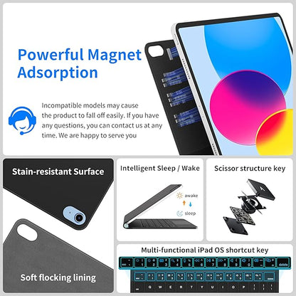for iPad 11th (A16 2025) & iPad 10th Generation Case with Keyboard – Magic-Style Magnetic Keyboard for ipad 10th generation (10.9-inch 2022) with 7 Color Backlight, Multi-Touch Trackpad (Black)