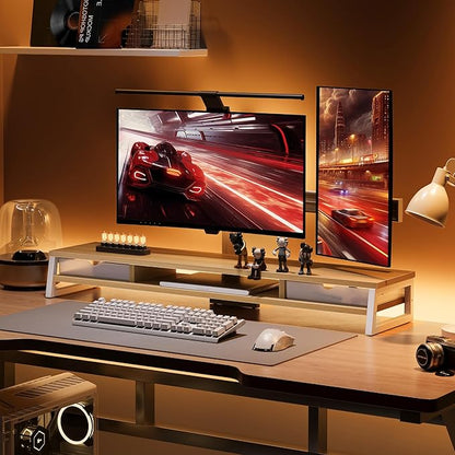 Fenge Dual Monitor Stand, Monitor Riser with Drawer, 42.5 Inch Large Computer Monitor Stand for 2 Monitors, 2 Tier Wooden Desk Shelf for Top of Desk