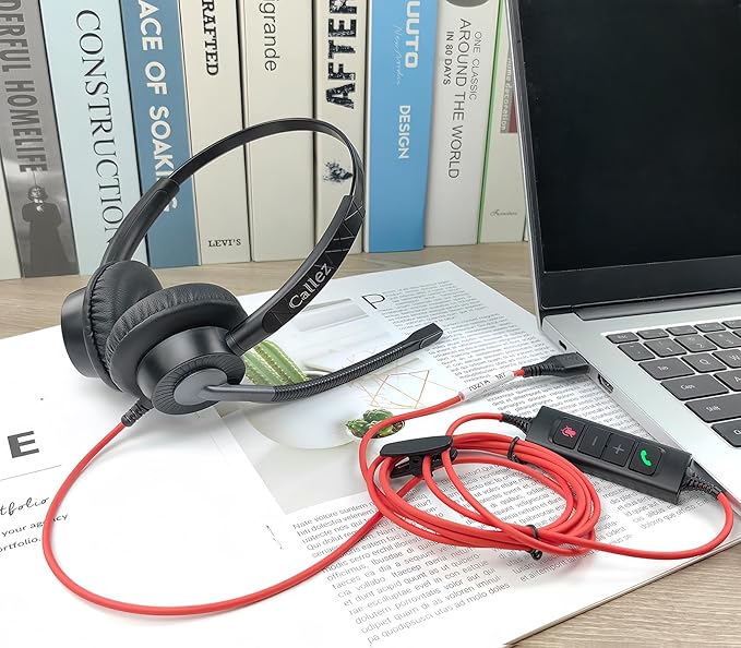 Callez USB Headset with ENC Dual Mic Noise Cancelling for PC Laptop Mac, Computer Headset with MS Teams Call Button Wired Stereo Headphones for Teams Zoom Home Office Work Call Center