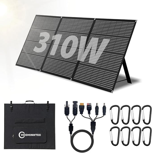 Voominhtec 310W 18V Portable Foldable Solar Panel Monocrystalline ETFE 24% High Efficiency Foldable Kickstand Ultra-Light Waterproof IP65 Solar Charger for Power Station Off Grid Outdoor