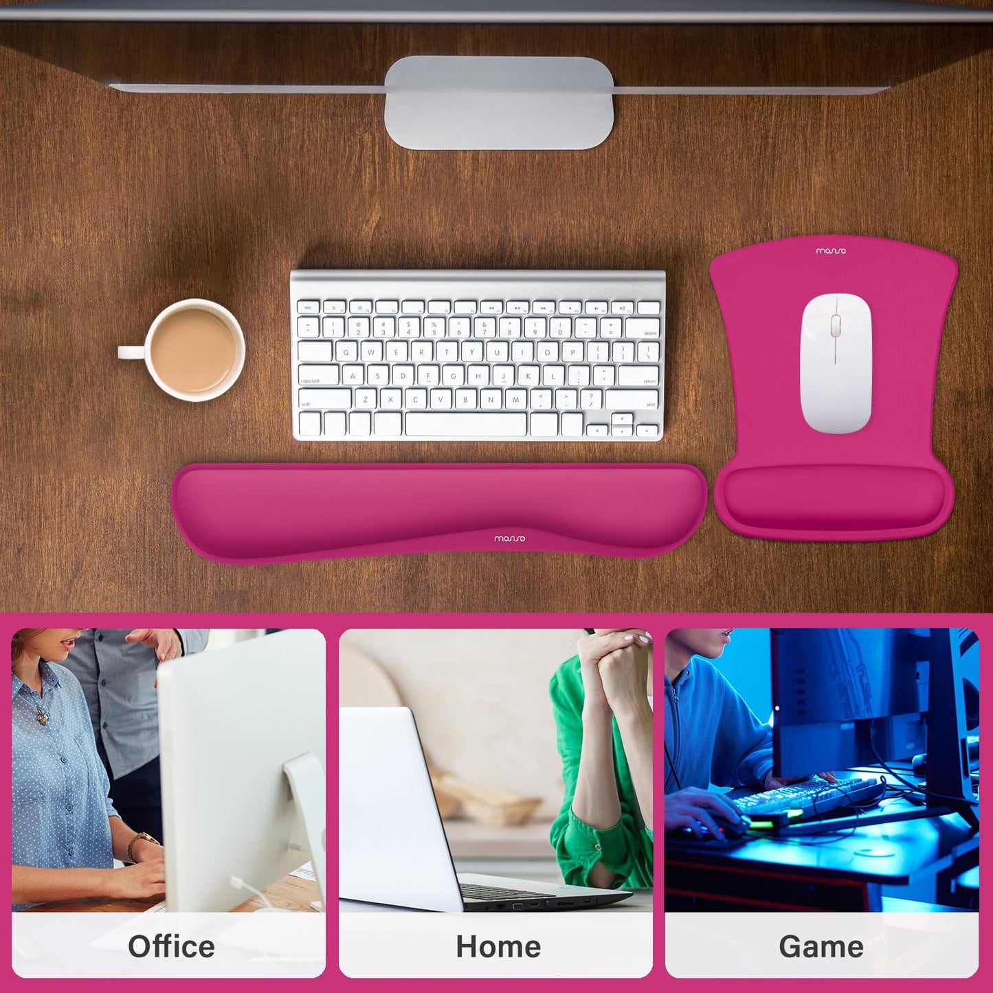 MOSISO Wrist Rest Support for Mouse Pad & Keyboard Set, Ergonomic Mousepad Non-Slip Base Home/Office Pain Relief & Easy Typing Cushion with Neoprene Cloth & Raised Memory Foam, Rose Red