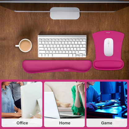 MOSISO Wrist Rest Support for Mouse Pad & Keyboard Set, Ergonomic Mousepad Non-Slip Base Home/Office Pain Relief & Easy Typing Cushion with Neoprene Cloth & Raised Memory Foam, Rose Red