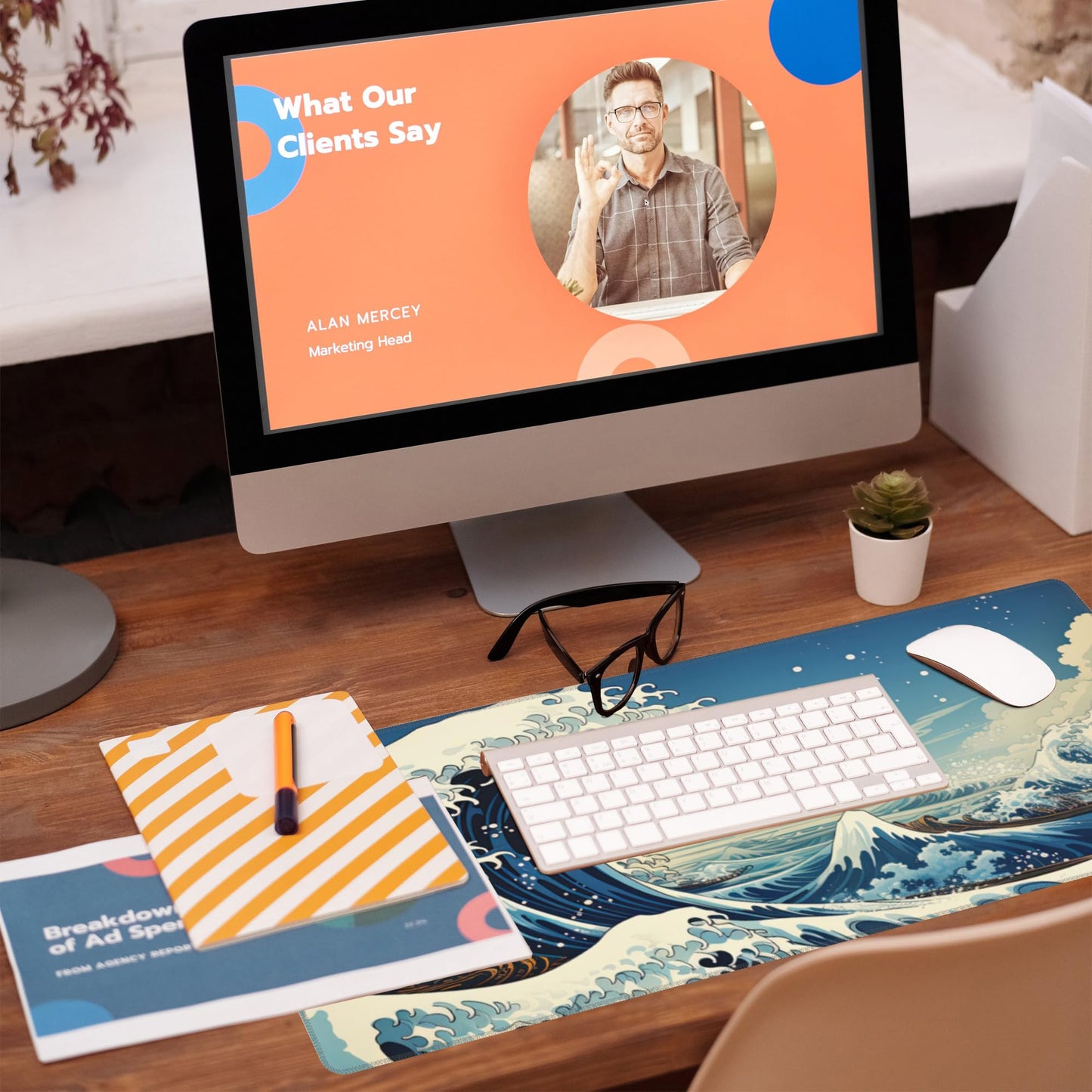 Eflxamz Desk Mat,Blue Japanese Sea Wave Desk Pad,Japanese Sea Wave Large Gaming Mouse Pad for Desk,Extended Big Computer Keyboard Mouse Pad with Non-Slip Base and Stitched Edge,31.5"x11.8"