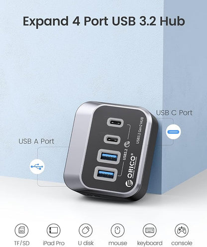 ORICO USB Hub 10Gbps with 2 USB A Ports+2 USB C Ports, USB 3.2 Gen 2 Hub with 1.64Ft USB-C Cable and USB-A Adapter USB Splitter for iMac, MacBooks, Mac Mini