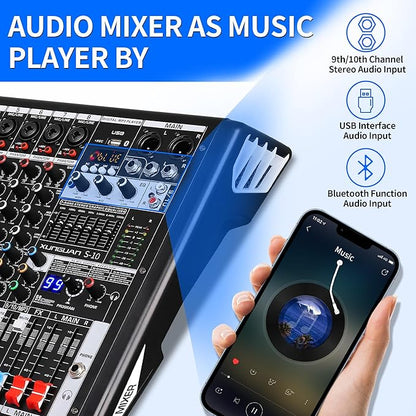S-10 Audio Mixer 10 channel 8 channel Professional DJ Mixing Console with Reverb MP3 Player Bluetooth 48V Phantom Power Supply USB Recording for Studio Karaoke Live Music