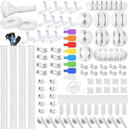 193 PCS Cable Management Kit - 4 Cable Sleeve, 57 Self Adhesive Cable Clips, 12 Hanging Strips, 12 Cable Organizer Straps and 100 Fastening Cable Ties for TV Computer Under Desk (White)