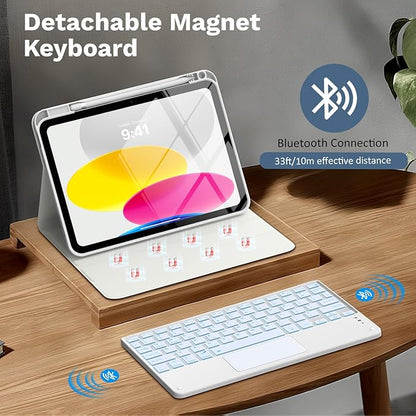 MoKo Touch Keyboard Case for iPad (A16) 11th Generation 11 inch 2025, iPad 10th Generation 10.9 inch Case with Pencil Holder, 7 Colors Backlit Multi-TrackPad Detachable Bluetooth Keyboard, White