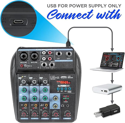 Dj Mixers 4 Channel Audio Mixer Sound Board with Bluetooth, Portable Usb Audio Interface with 48V Phantom Power Small Sounds Mixer Board with FX Delay Effect for Streaming