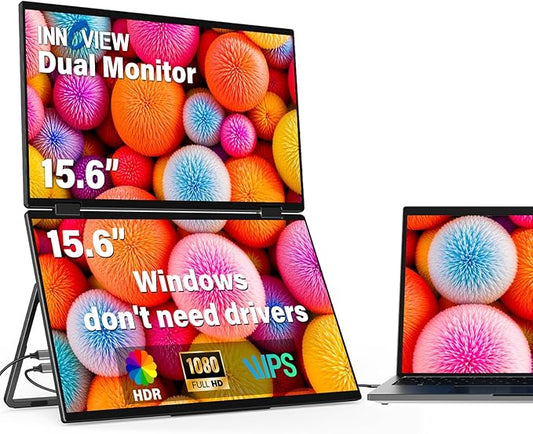InnoView 15.6" Dual Portable Monitor 1920x1080P FHD 315°Adjustable Dual Stacked Foldable Monitor Built-in Speakers Screen Extender with HDMI/USB-C for Laptop Windows Mac
