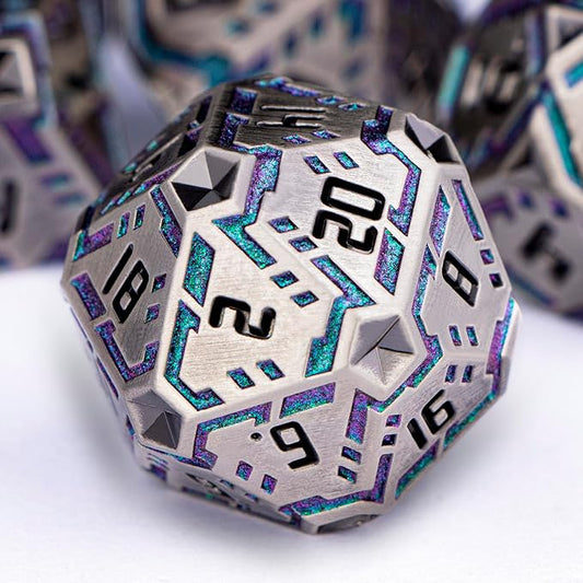 OGCOPHEN Metal DND Sci-fi Dice Set 7PCS Stripe Polyhedral Dice for Dungeons Dragons RPG Role Playing Game, Glitter D and D Dice with Gift Box D6 D8 D10 D12 D20 (Grey&Purple Green)