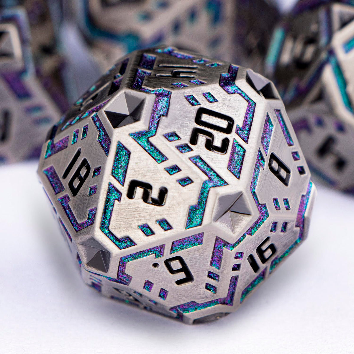 OGCOPHEN Metal DND Sci-fi Dice Set 7PCS Stripe Polyhedral Dice for Dungeons Dragons RPG Role Playing Game, Glitter D and D Dice with Gift Box D6 D8 D10 D12 D20 (Black&Blue Purple)