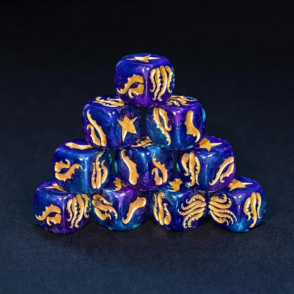 Cthulhu Tentacle Dice Set – 10 x D6 (16mm) Eldritch Horror Dice | Golden Elder Sign | Lovecraftian Resin Dice for DND, Warhammer, Call of Cthulhu & TTRPG