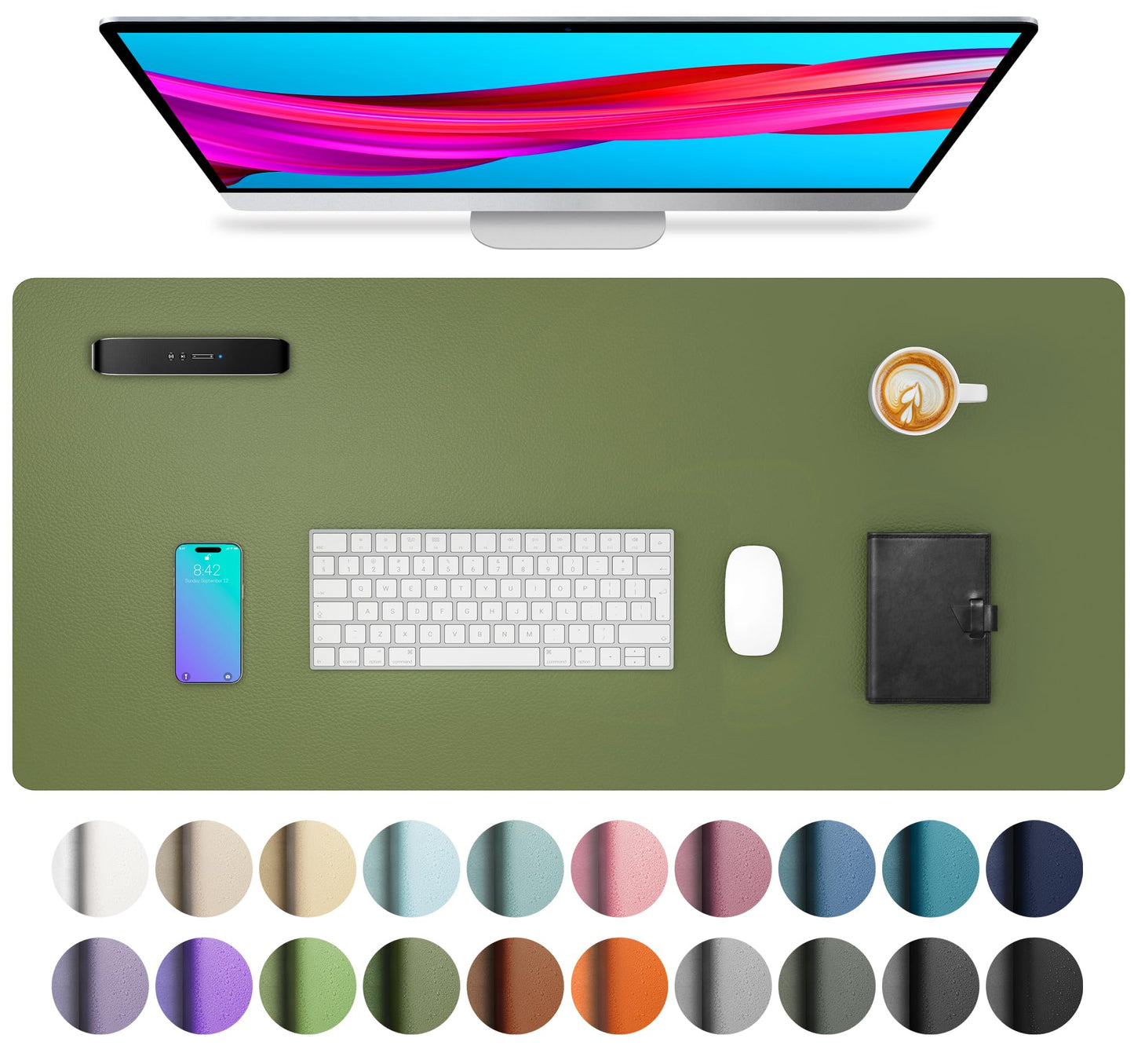 Aothia Desk Protector Mat, Mouse Pad, Non-Slip Waterproof PU Leather Desk Blotter, Laptop, Writing for Office and Home (23.6" x 13.7", Olive Green)