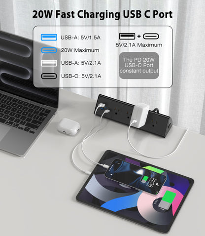 Jgstkcity Desk Clamp Power Strip,20W Fast Charging Station,Surge Protector Nightstand Edge Mount,1875W Extension Cord with Multiple Outlets,2 USB-C,2 USB-A,for Home Office (Black, 2PCS-6 FT)