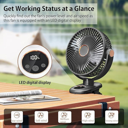 iNeibo 10000mAh Portable Clip on Fan, 90° Oscillating Fan, 8 Inch Rechargeable Battery Operated Desk Fan, Strong Airflow, 5 Speeds, Sturdy Clamp for Golf Cart Home Office Outdoor Travel (Black)