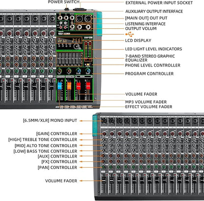 Depusheng PA16 Professional Audio Mixer Sound Board Console Desk System Interface 16 Channel Digital USB Bluetooth MP3 Computer Input 48V Phantom Power Built-in 256 Reverb Effect, Black