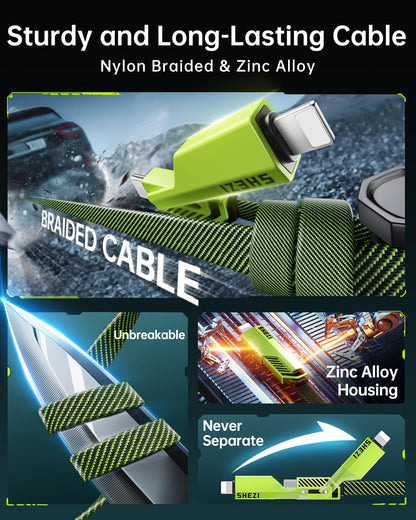SHEZI [Upgraded 2.0 4-in-1 USB C Cable 60W 5FT Fast Charging [480Mbps Data Transfer] Flat Nylon Braided Charger Cord Combo, USB A/C to C/L Multi Charge Cable for iPhone/iPad & Most Devices, Green