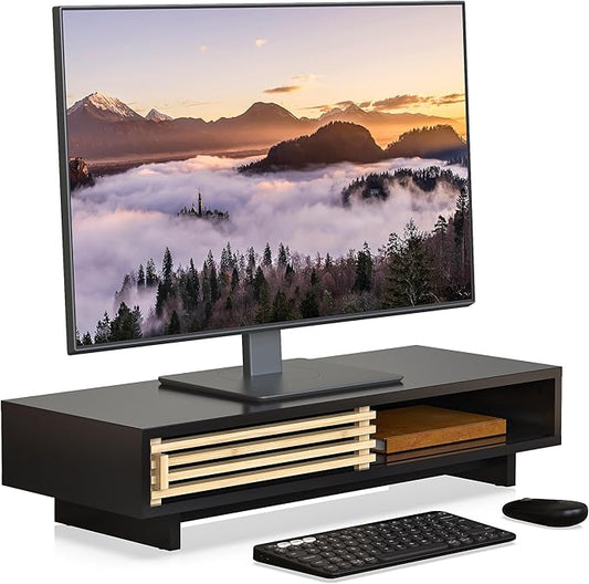 WELL WENG Monitor Stand with Sliding Bamboo Doors, 25 Inch Heavy Duty Wood Computer Monitor Riser, Ergonomic Desk Organizer with Storage & Keyboard Tray, Natural & Black
