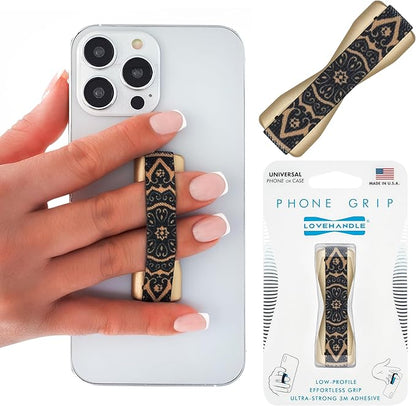 LOVEHANDLE Universal Phone Grip for Smartphones & Mini Tablets - Phone Holder for Hand - Wireless Charging Compatible - Made in The USA - Boho Gold
