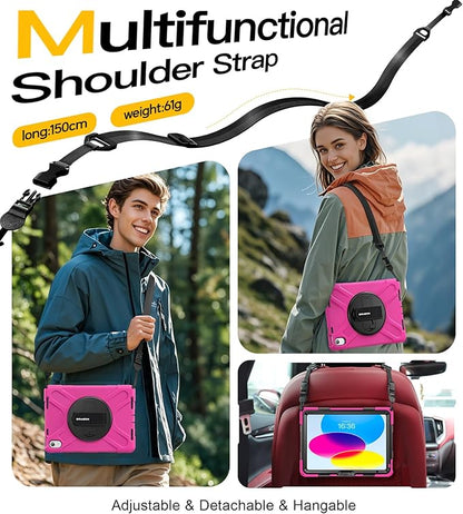 BRAECN for iPad (A16) 11th/10th Generation case 11/10.9 inch 2025/2022 Heavy Duty Shockproof Protective with Pencil Holder Screen Protector 360°Rotating Stand Handle & Shoulder Strap Full Body Cover