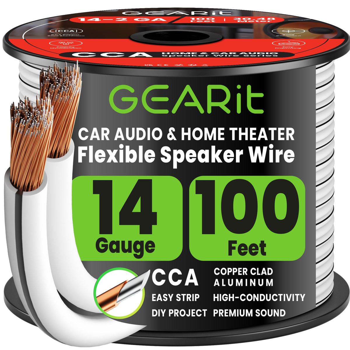 GEARit 14 Gauge Speaker Wire 100FT,14/2 Speaker Cable for Home & Car Audio