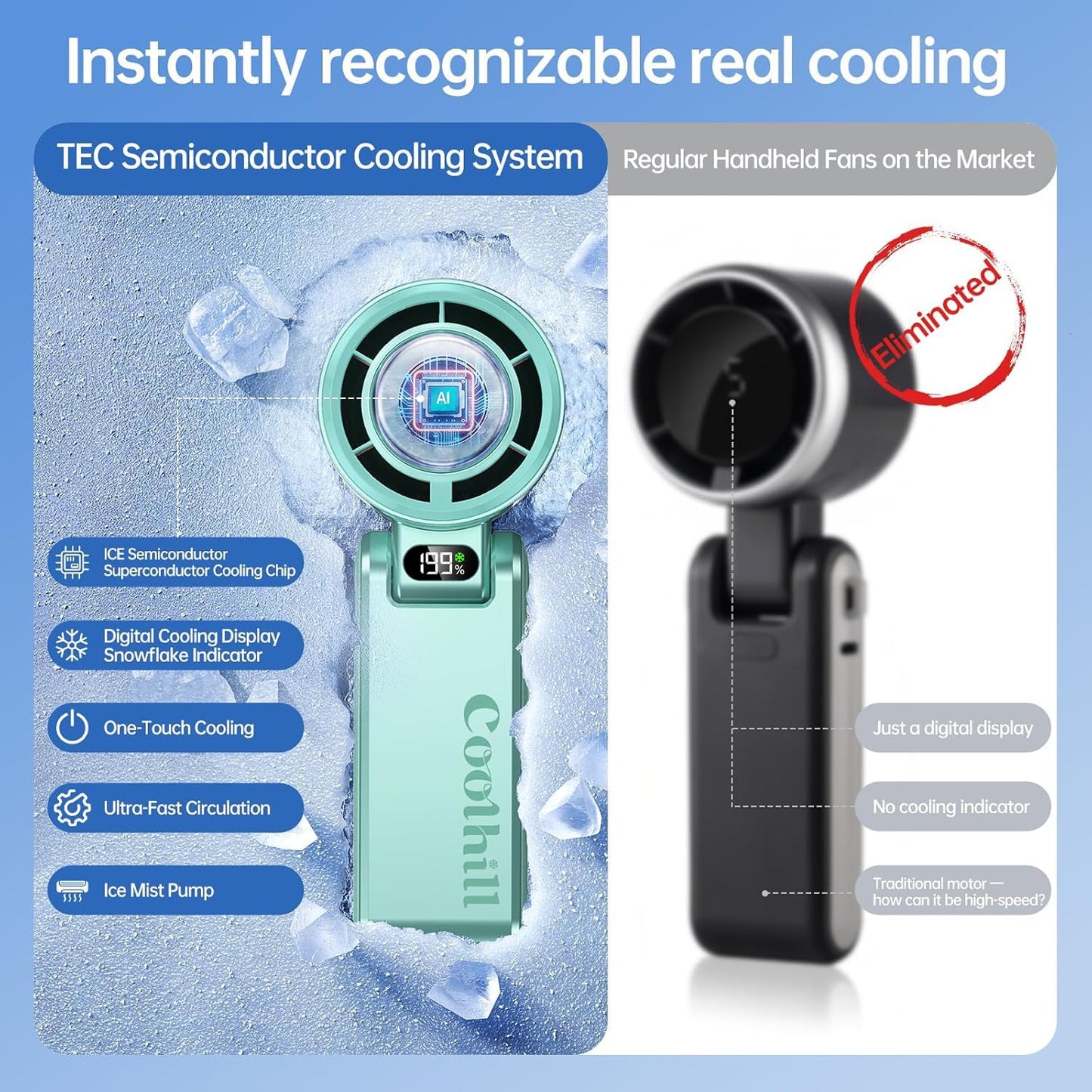 Coolhill Pro Handheld Portable Fan with Ice Cooler 199-Speed 5500mAh