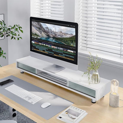 Fenge Dual Monitor Stand, 42.5inch Long Monitor Stands Riser for 2 Monitors, Sliding Door with Storage Organizer Stand for Desk, 2 Tier Desk Shelf for Laptop, Pc, Printer, Computer, TV