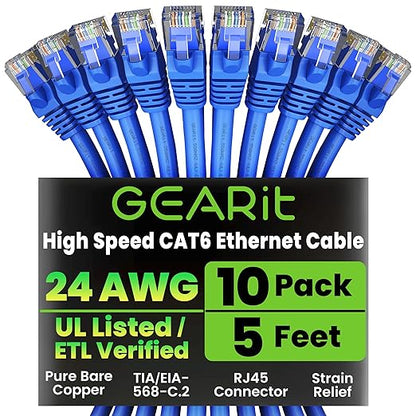 GearIT Cat 6 Ethernet Cable Pack - 10-Pack 5 ft Cat6 Ethernet Patch Cables | RJ45 Network Patch Cable, 10 Gbps Snagless Gold-Plated Connectors - Ethernet Cable Cat 6 for PC, TV, Router - Blue