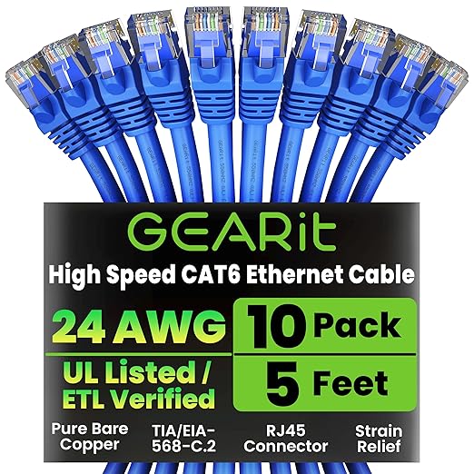 GEARit Cat 6 Ethernet Patch Cable 5 ft Blue (10 Pack) - Cat6 Patch Cables 5ft Blue/Ethernet Patch Cable, 10Gbps 550MHz 24AWG Pure Copper, Snagless, Gold Plated RJ45 for Router, Server, Router, PC