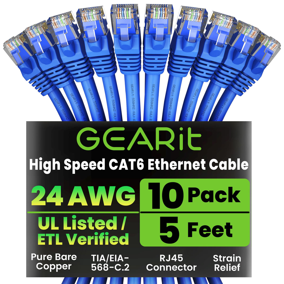 GEARit Cat6 Patch Cables Cat 6 Ethernet Cable 6 ft 10-Pack Green