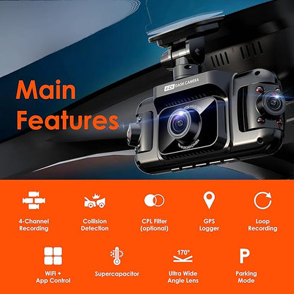 R4-4 Channel Dash Cam W/All Around 1080p Resolution, Wi-Fi, GPS, IR Night Vision, Parking Mode, Collision Detection, Type-C Port