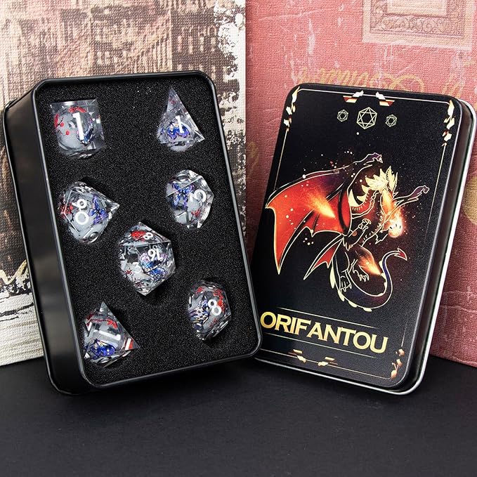 Butterfly DND Dice White Liquid Core Dice Set with Metal Box, Handmade Sharp Edge D and D Polyhedral Dice for use with D&D RPG Role Playing Game