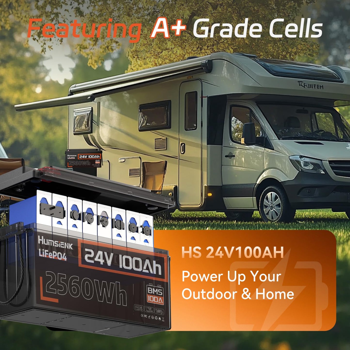 HumsiENK 24V 100Ah LiFePO4 Lithium Battery, Built-in 100A BMS with Low-Temp, 15000+ Deep Cycles 10 Years Lifespan, 2560Wh Lithium Iron Phosphate Battery, for RV, Trolling Motors, Off-Grid, Marine