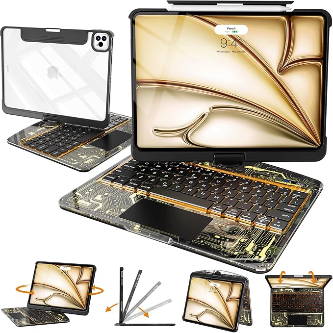 Intermerge for iPad 9th 10.2 inch Keyboard Case, 360° Transparent Multi-Touch Trackpad, 7-Color Backlit Keyboard, Pencil Holder, Type-C, Power Indicator for 9th/ 8th/ 7th - Shadow Pulse