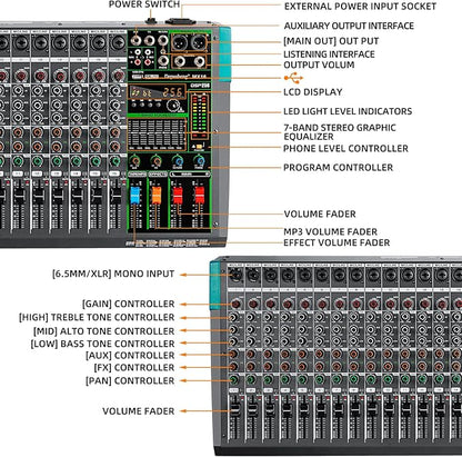 Depusheng MX16 16 Channel Sound Mixer Audio Mixing Console 48V 256DSP Professional USB PC Play Record Podcast Live Broadcast (US MX16)