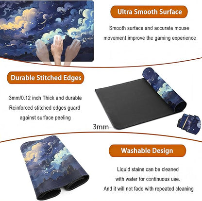 Blue Clouds Desk Mat Large XXL Gaming Mouse Pad Non-Slip Rubber Base Mousepad, Cool Office Desktop Decor Desk Pad, Computer Laptop Keyboard and Mouse Mat with Stitched Edges, 31.5x15.75 in