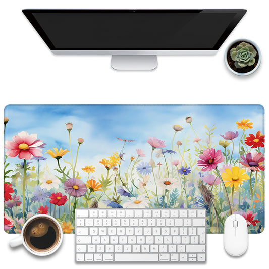 KOAIWPAE Large Gaming Mouse Pad, Colorful Wildflowers in Field Desk Mat, Watercolor Flowers Desk Pad, 31.5"x15.7" Extended Big Computer Keyboard Mouse Pad with Non-Slip Base and Stitched Edge