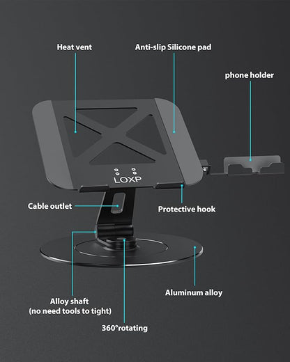 Adjustable 10-17.3" Laptop Stand for Desk with 360 Swivel Larger Base & Rotating Phone Holder, Aluminum Computer Stand for Laptops, Ergonomic Laptop Riser Fits MacBook, HP, Dell, All Laptops